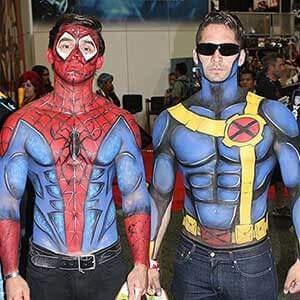 two guys at comic-con with painted on costumes